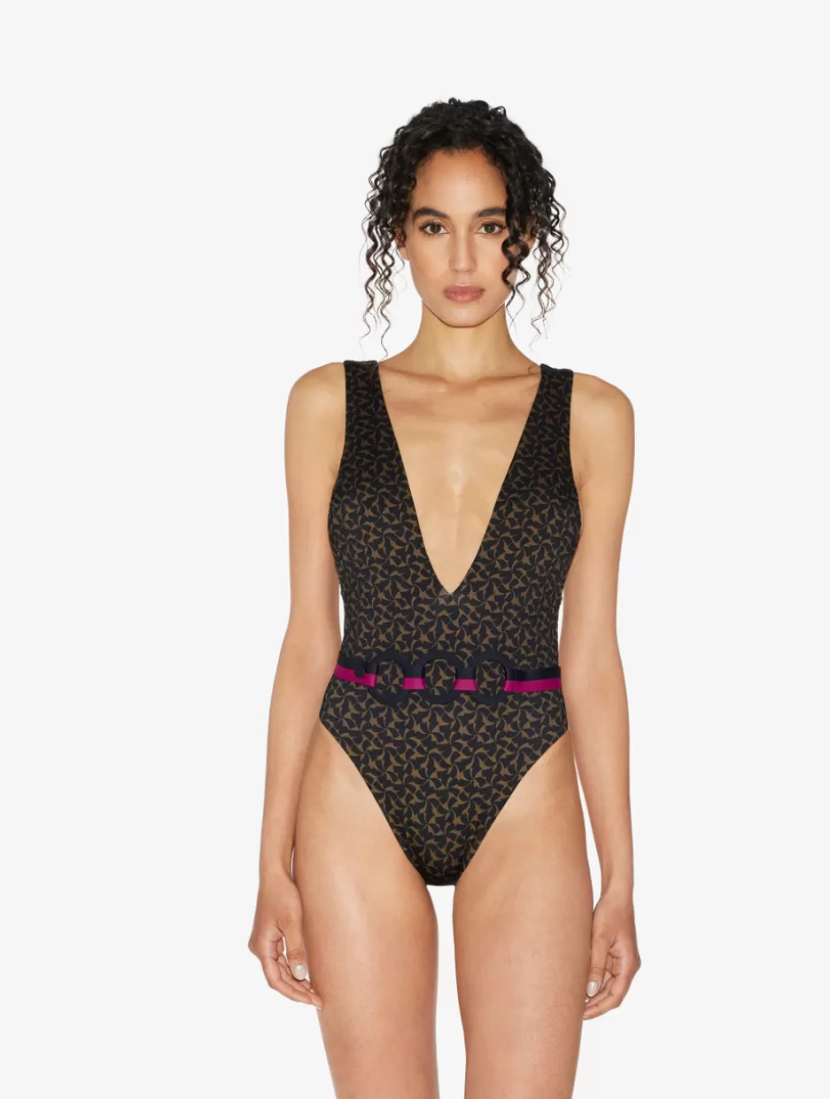 One-Piece Bathing Suits-La Perla Belted Swimsuit In Dark Green And Black Green&Black