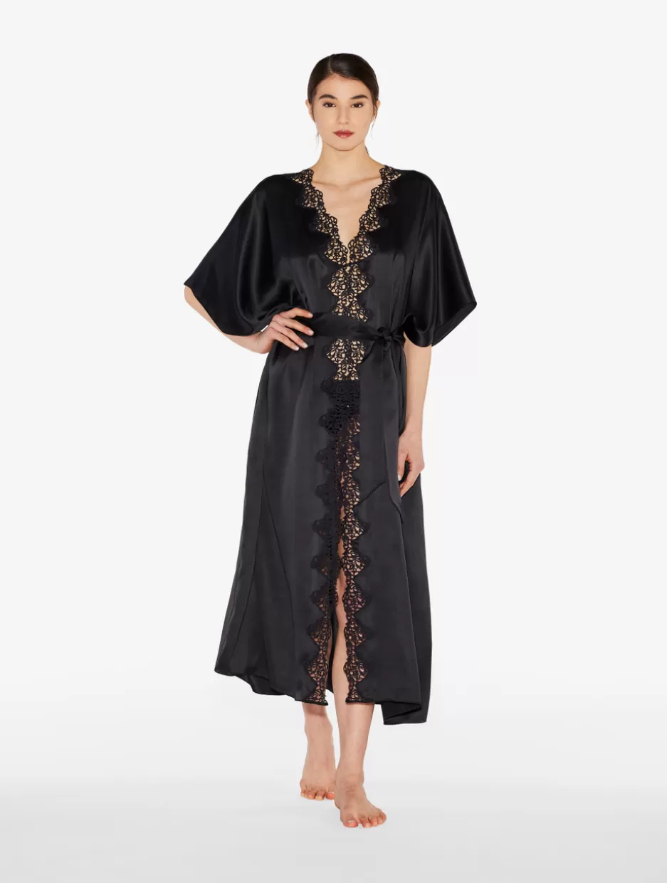 Robes | Silk Sleepwear-La Perla Long Silk Robe With Macramé Black