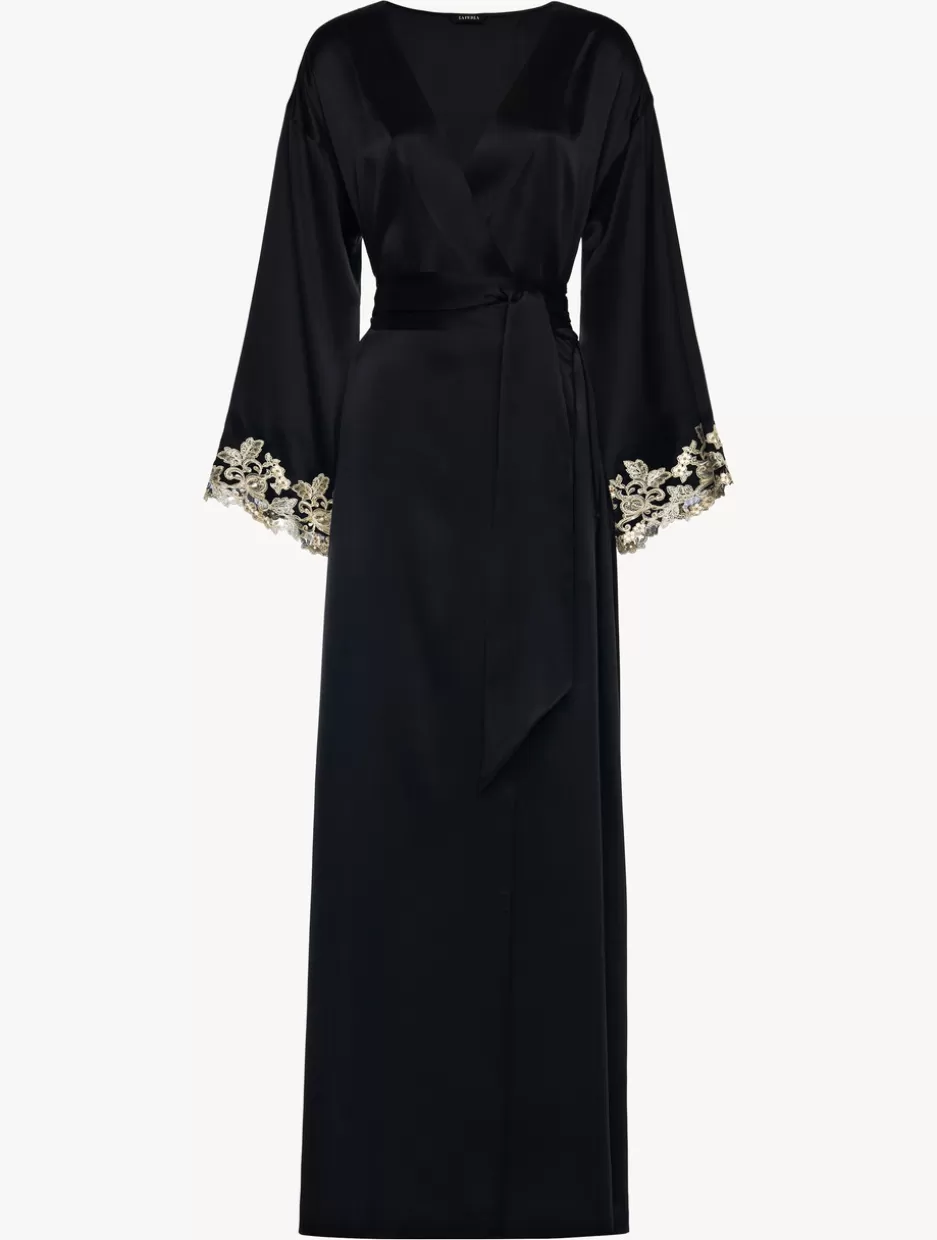 Robes | Silk Sleepwear-La Perla Long Silk Robe With Frastaglio Black