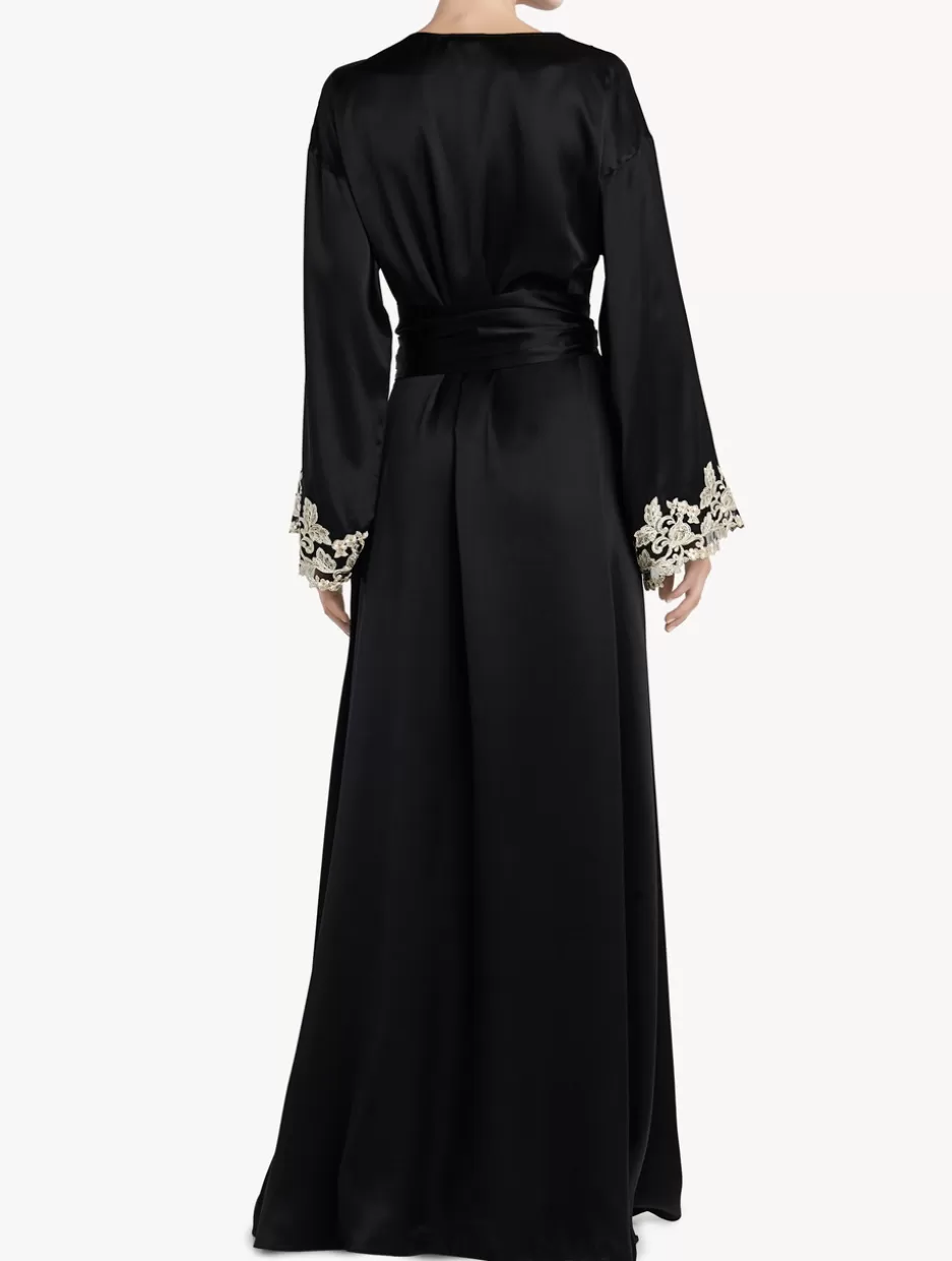 black_long_silk_robe_with_frastaglio_11517.webp Robes | Silk Sleepwear-La Perla Long Silk Robe With Frastaglio Black