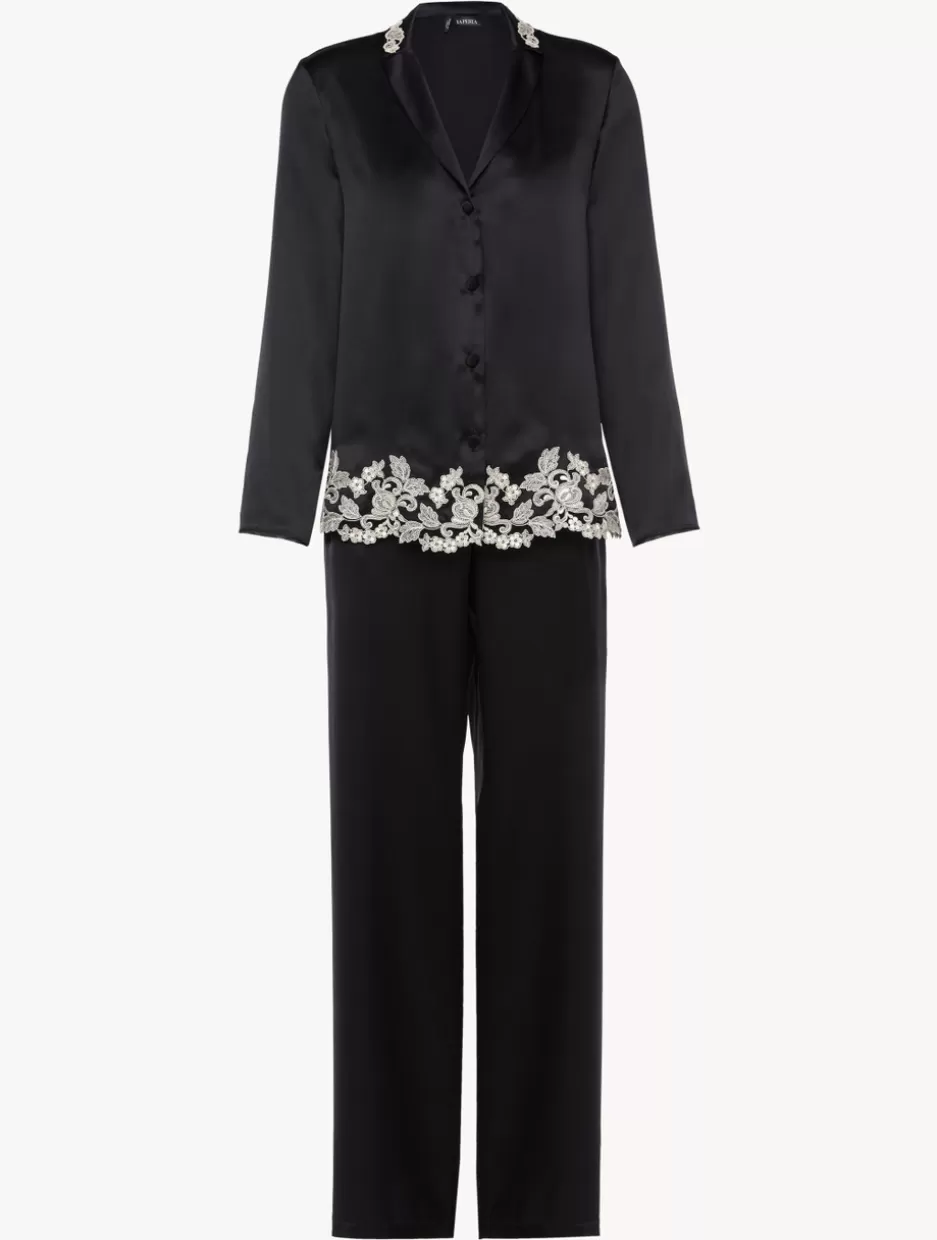 Pajamas | Silk Sleepwear-La Perla Silk Long Pajamas With Frastaglio Black