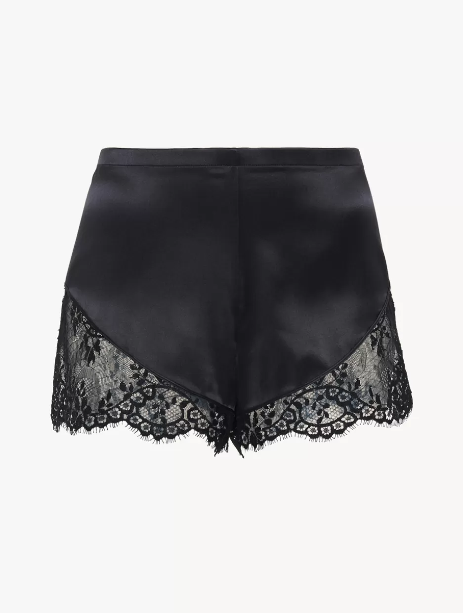 Pajamas | Sleep Shorts & Trousers-La Perla Silk Pajama Shorts With Leavers Lace Trim Black