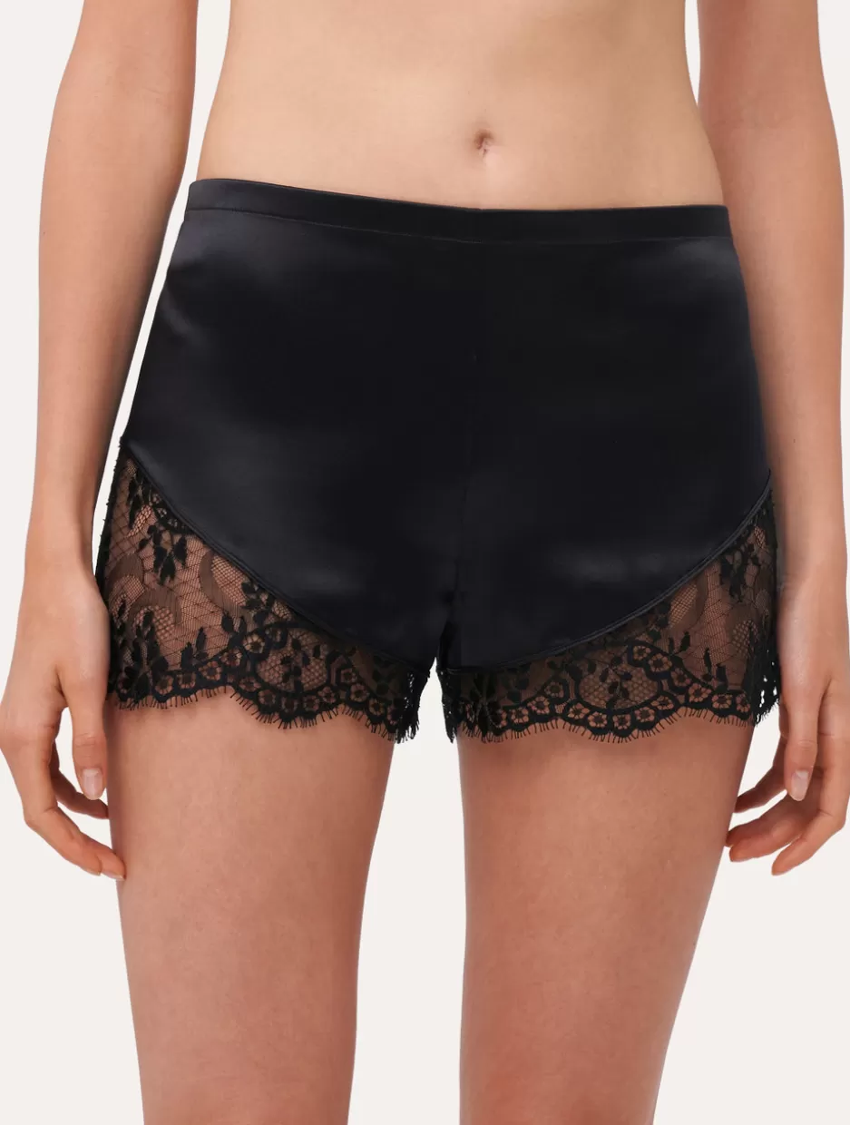 Pajamas | Sleep Shorts & Trousers-La Perla Silk Pajama Shorts With Leavers Lace Trim Black