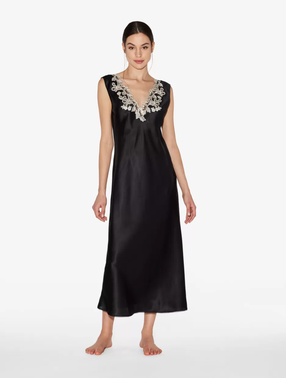 Slips & Dresses | Silk Sleepwear-La Perla Silk Satin Long Nightgown With Frastaglio Black