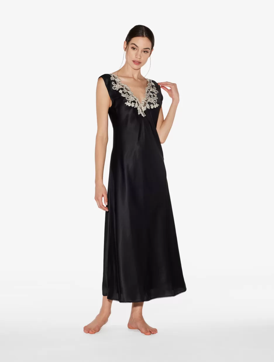 Slips & Dresses | Silk Sleepwear-La Perla Silk Satin Long Nightgown With Frastaglio Black