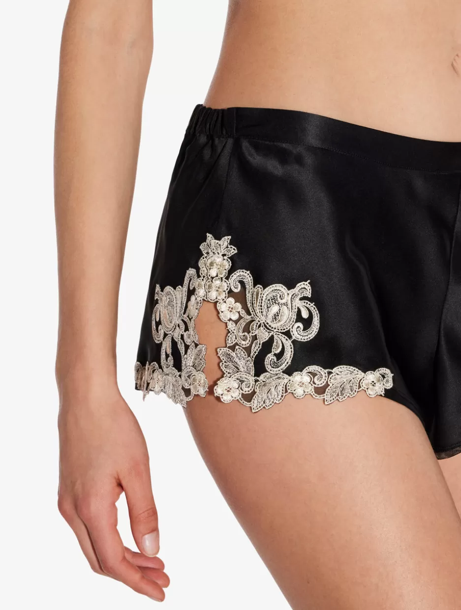 black_silk_satin_sleep_shorts_with_frastaglio_11066.webp Pajamas | Sleep Shorts & Trousers-La Perla Silk Satin Sleep Shorts With Frastaglio Black