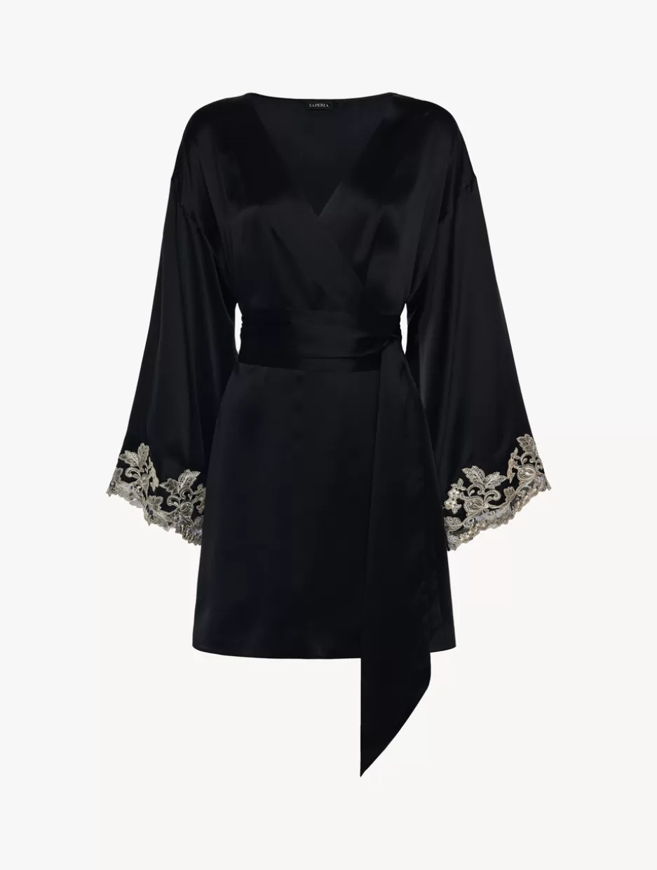 Robes | Silk Sleepwear-La Perla Silk Short Robe With Frastaglio Black