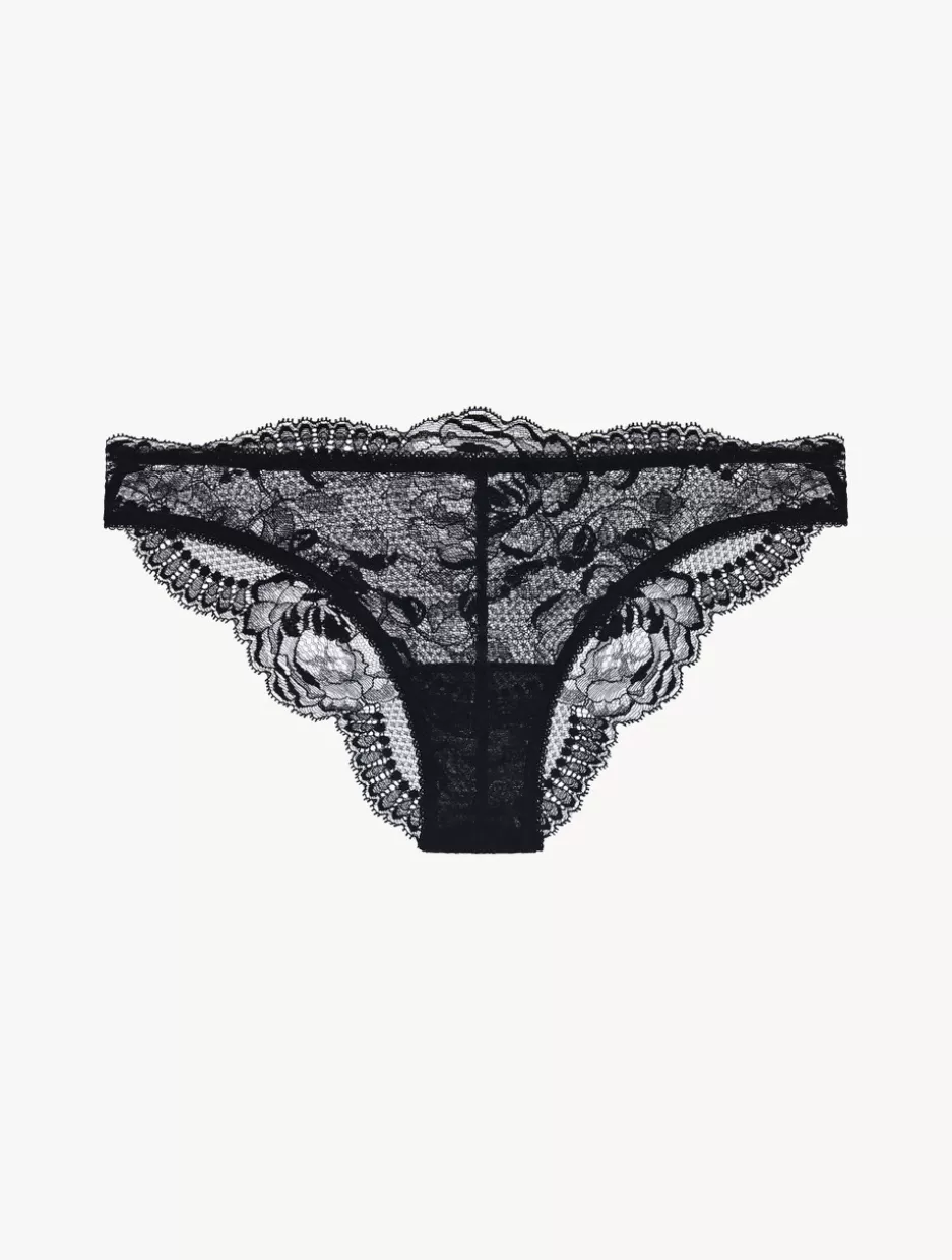 Brazilian-La Perla Stretch Leavers Lace And Tulle Brazilian Briefs Black