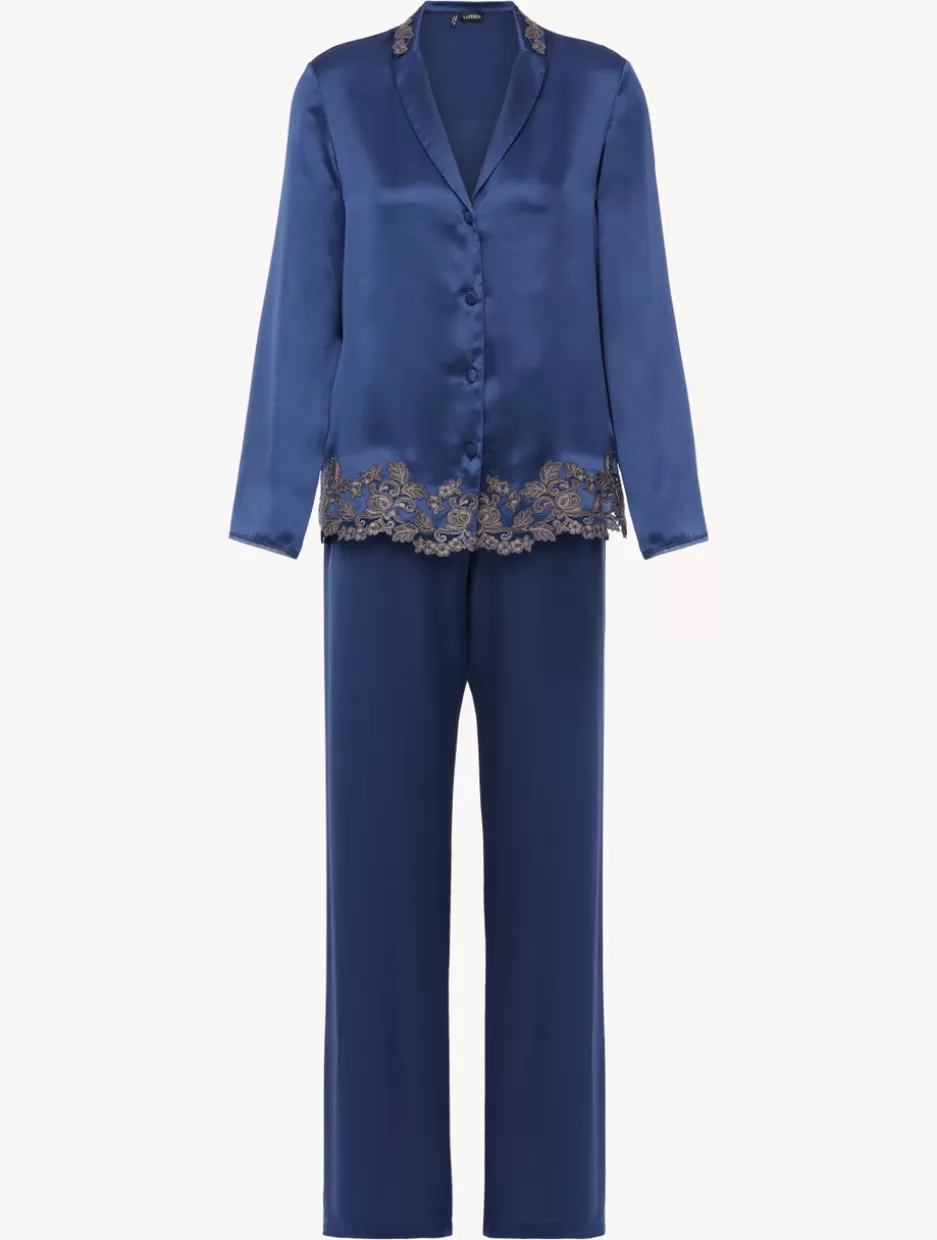 Pajamas | Silk Sleepwear-La Perla Blue Silk Long Pajamas With Frastaglio DarkBlue