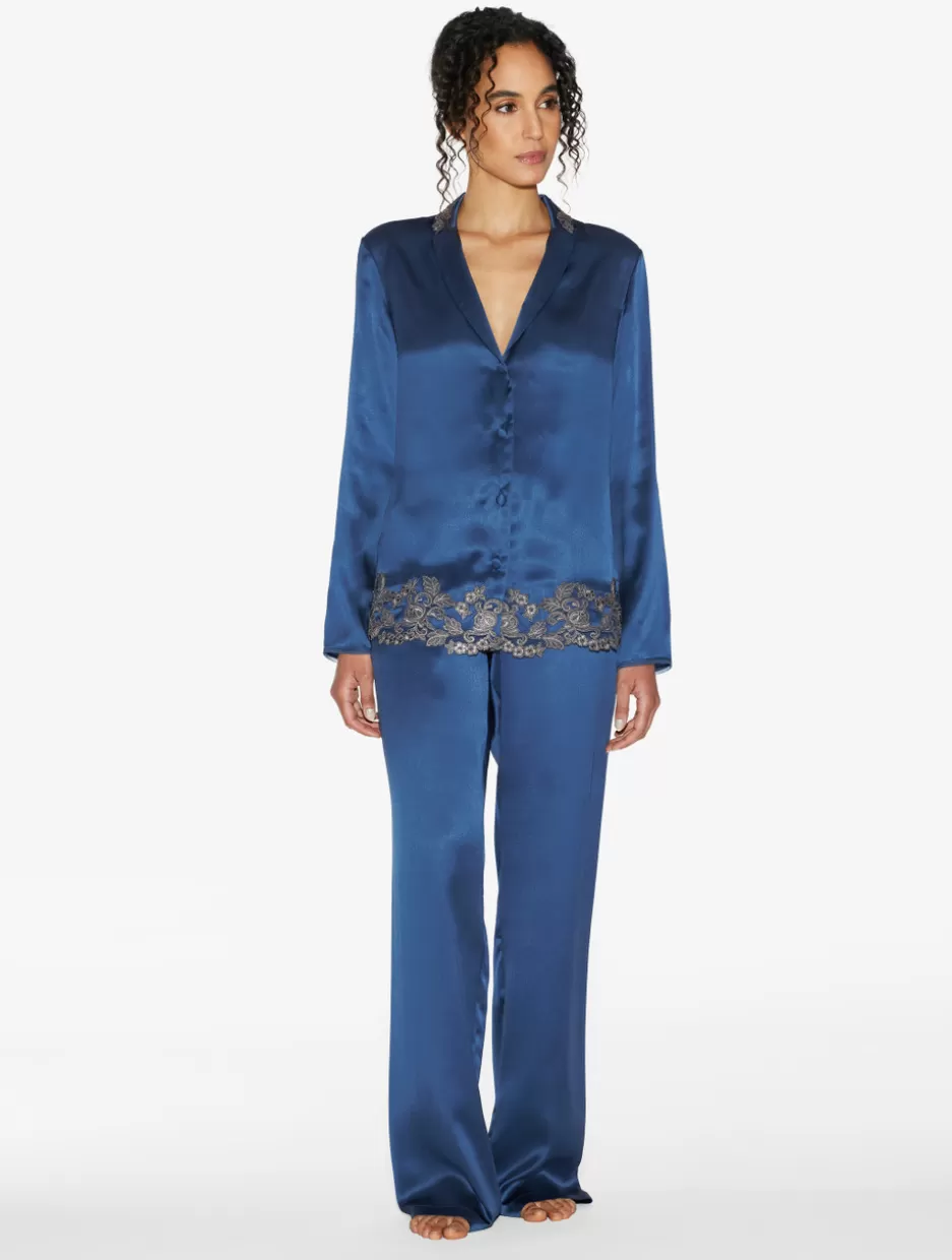 Pajamas | Silk Sleepwear-La Perla Blue Silk Long Pajamas With Frastaglio DarkBlue