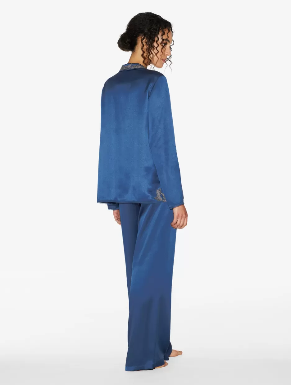 Pajamas | Silk Sleepwear-La Perla Blue Silk Long Pajamas With Frastaglio DarkBlue