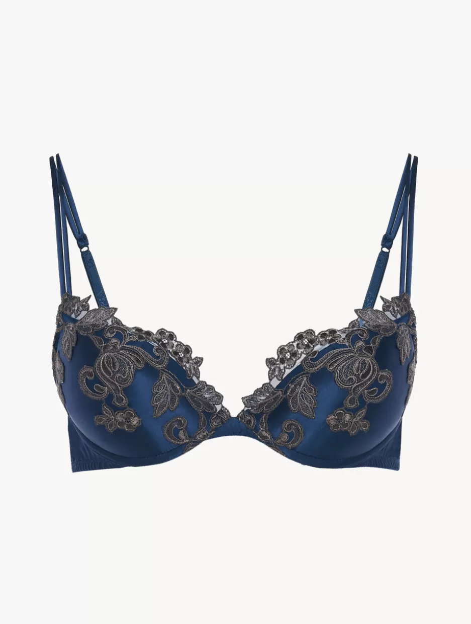Padded | Push-Up-La Perla Blue Silk Push-up Bra With Frastaglio DarkBlue