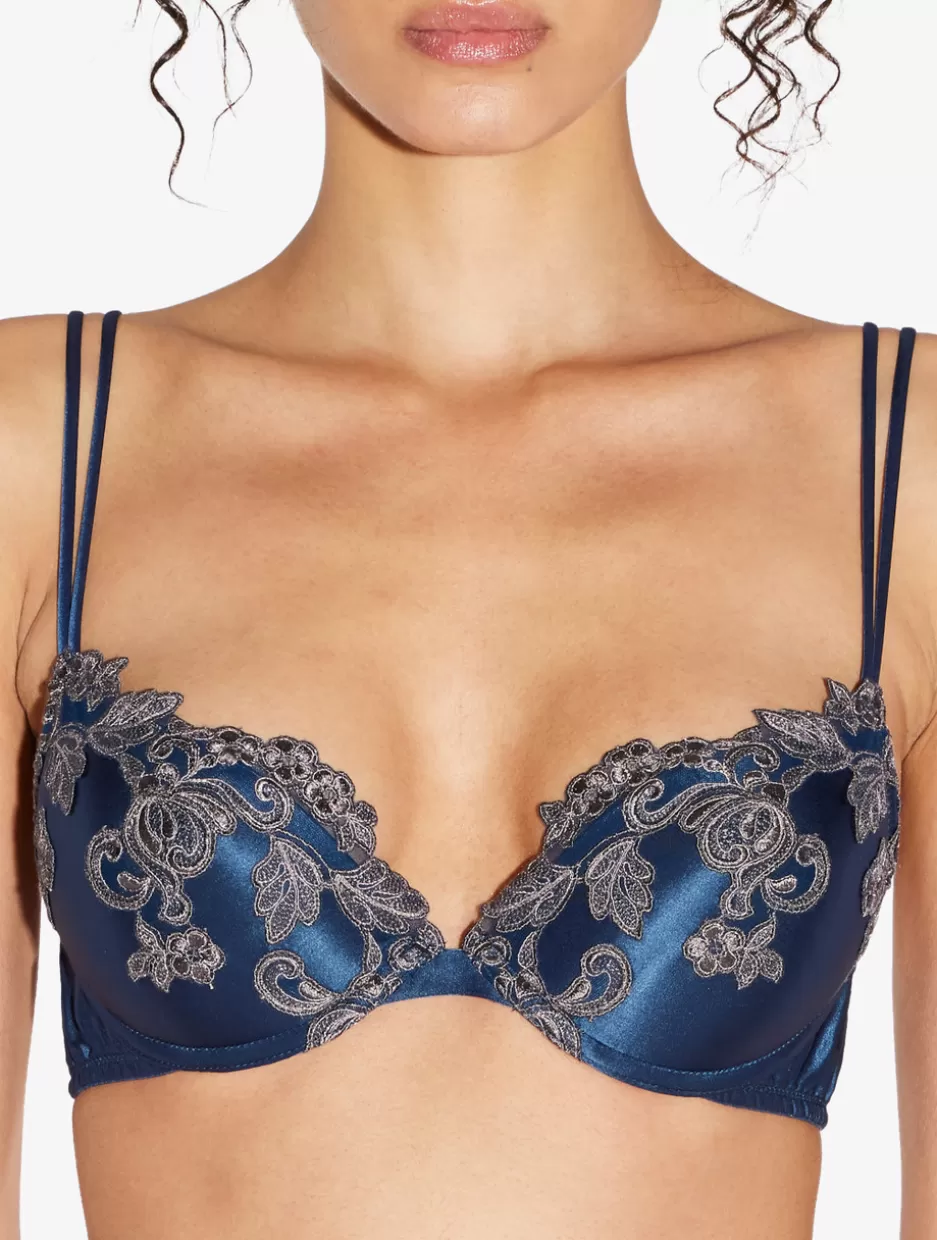 Padded | Push-Up-La Perla Blue Silk Push-up Bra With Frastaglio DarkBlue