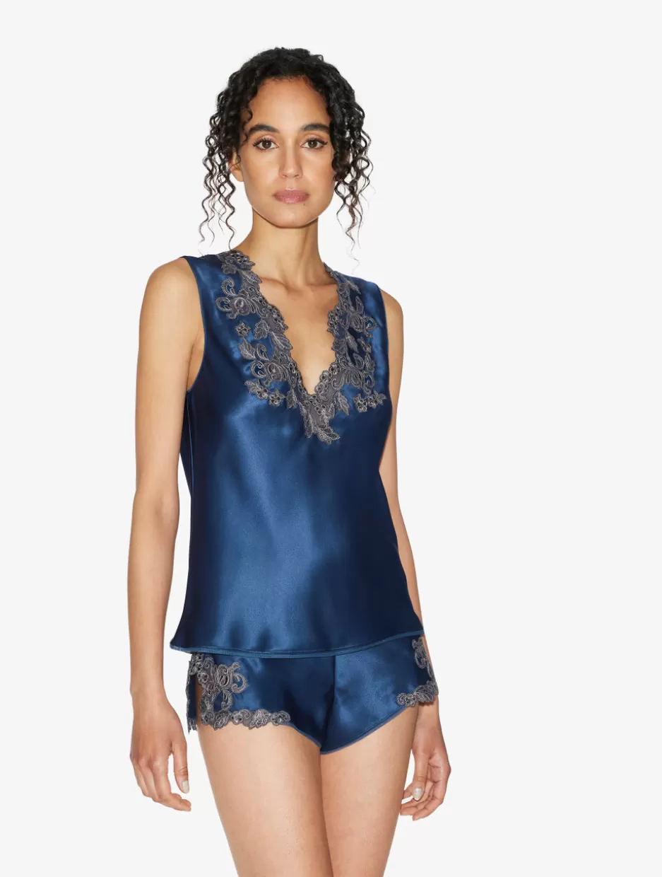 Camisoles | Pajamas-La Perla Blue Silk Satin Top With Frastaglio DarkBlue
