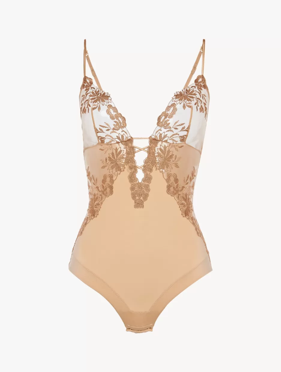 Bodysuits & Bustiers | Shapewear-La Perla Bodysuit In Beige Lycra With Embroidered Tulle Nude