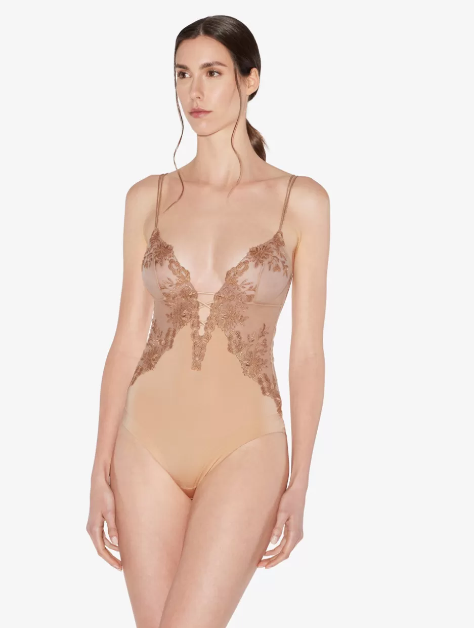 Bodysuits & Bustiers | Shapewear-La Perla Bodysuit In Beige Lycra With Embroidered Tulle Nude