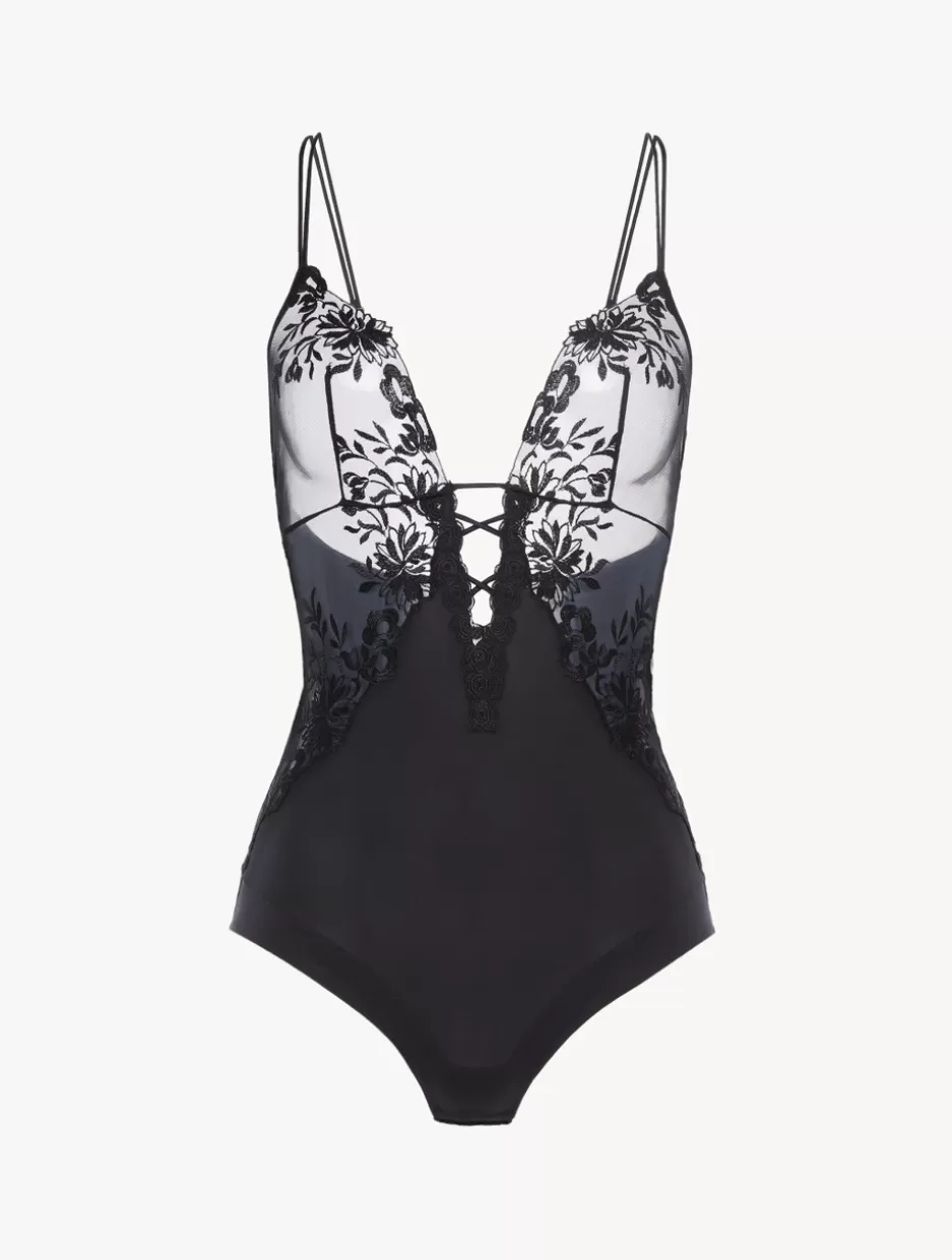 Bodysuits & Bustiers | Shapewear-La Perla Bodysuit In Lycra With Embroidered Tulle Black