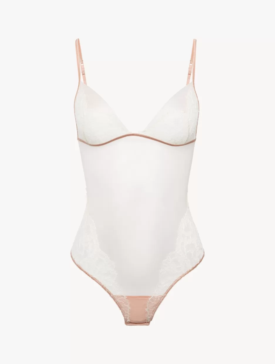 Bodysuits & Bustiers-La Perla Bodysuit In Linen And Nude Rose With Leavers Lace Beige