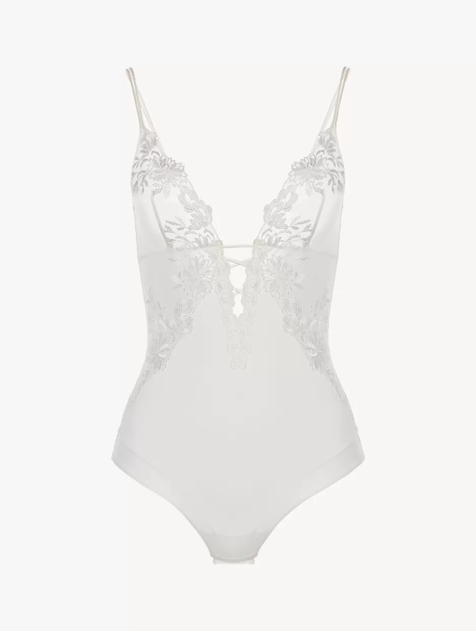 Bodysuits & Bustiers | Shapewear-La Perla Bodysuit In Off-white Lycra With Embroidered Tulle Natural