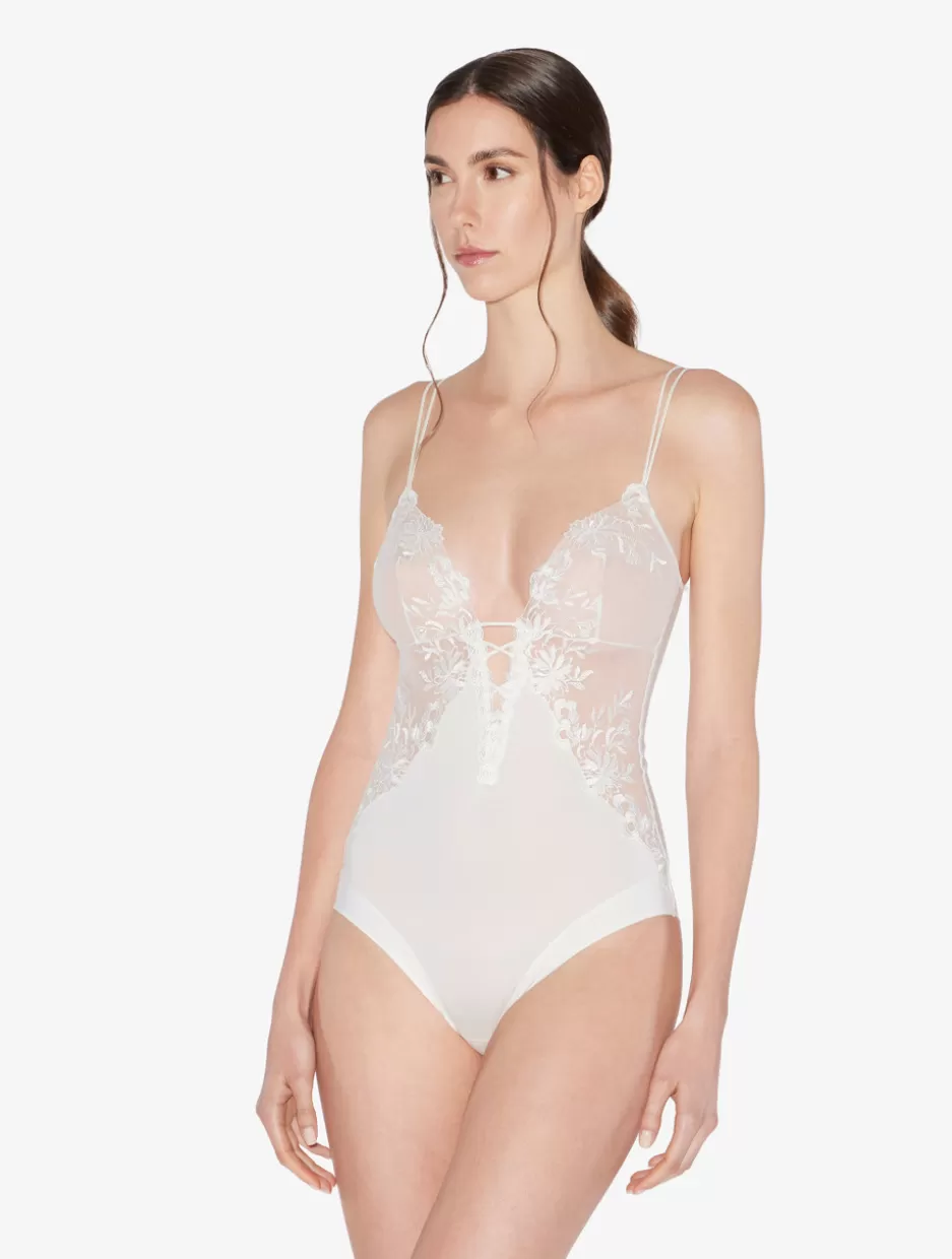 Bodysuits & Bustiers | Shapewear-La Perla Bodysuit In Off-white Lycra With Embroidered Tulle Natural