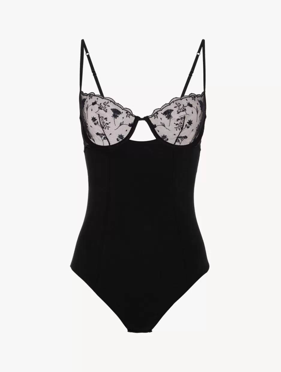 Bodysuits & Bustiers-La Perla Bodysuit In Onyx With Embroidered Tulle Black