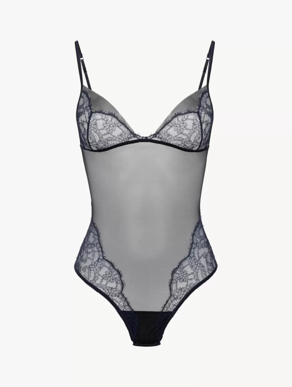 Bodysuits & Bustiers-La Perla Bodysuit In Steel And Black With Leavers Lace Blue