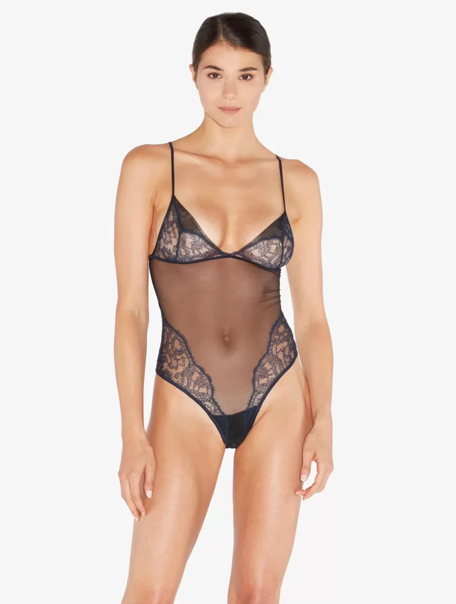 Bodysuits & Bustiers-La Perla Bodysuit In Steel And Black With Leavers Lace Blue