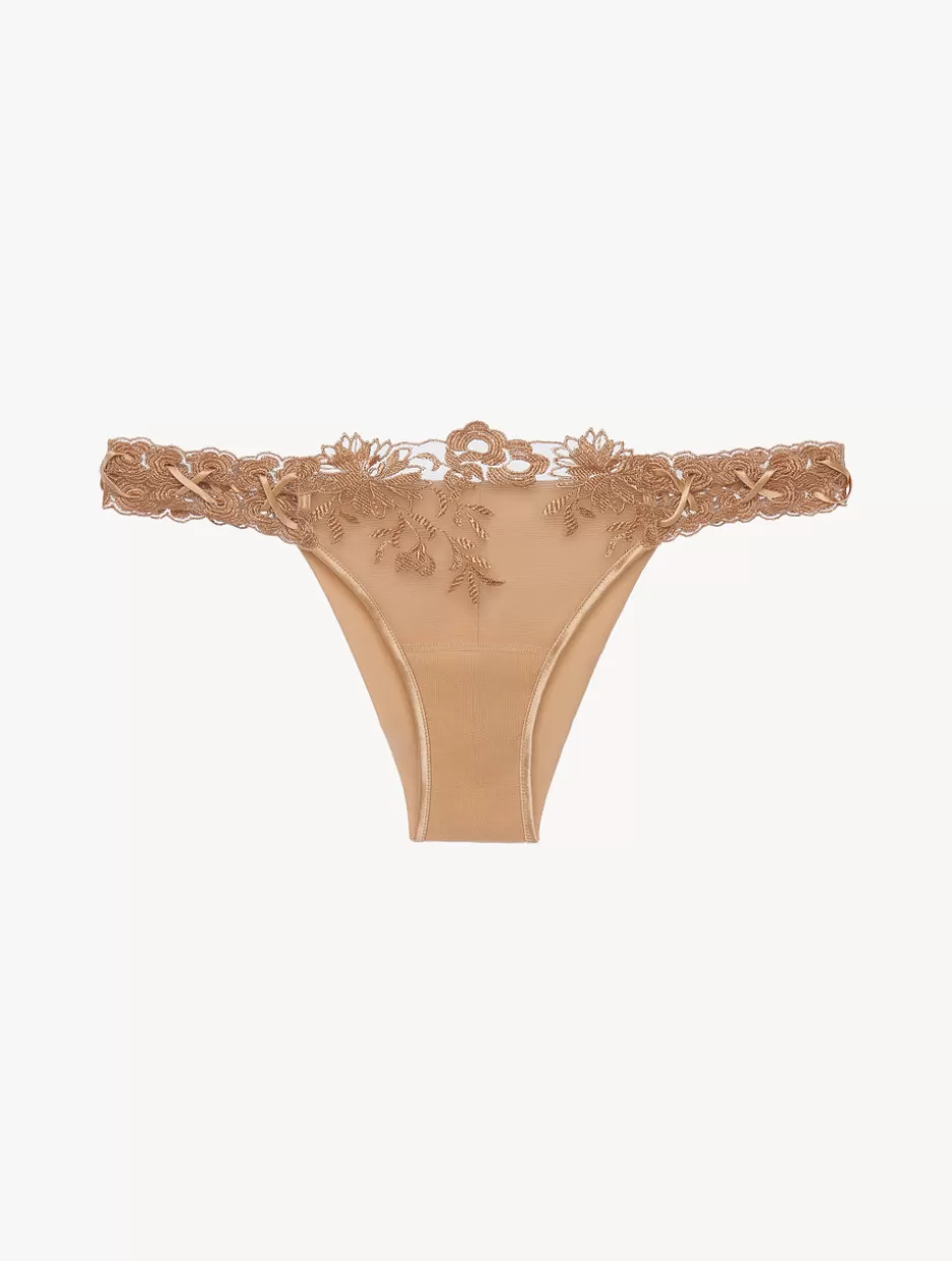 Brazilian-La Perla Brazilian Brief In Beige Lycra With Embroidered Tulle Nude