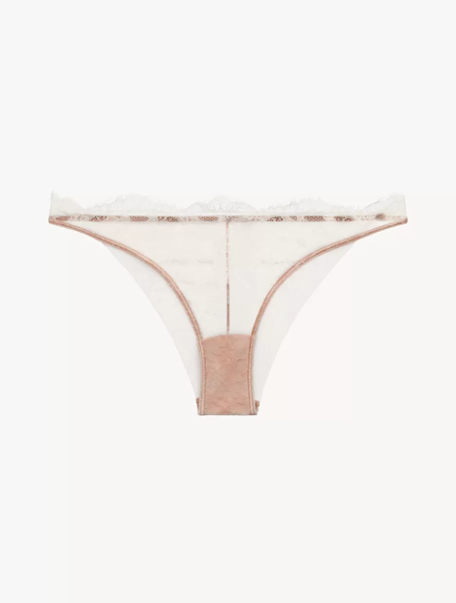 Brazilian-La Perla Brazilian Brief In Linen And Nude Rose With Leavers Lace Beige