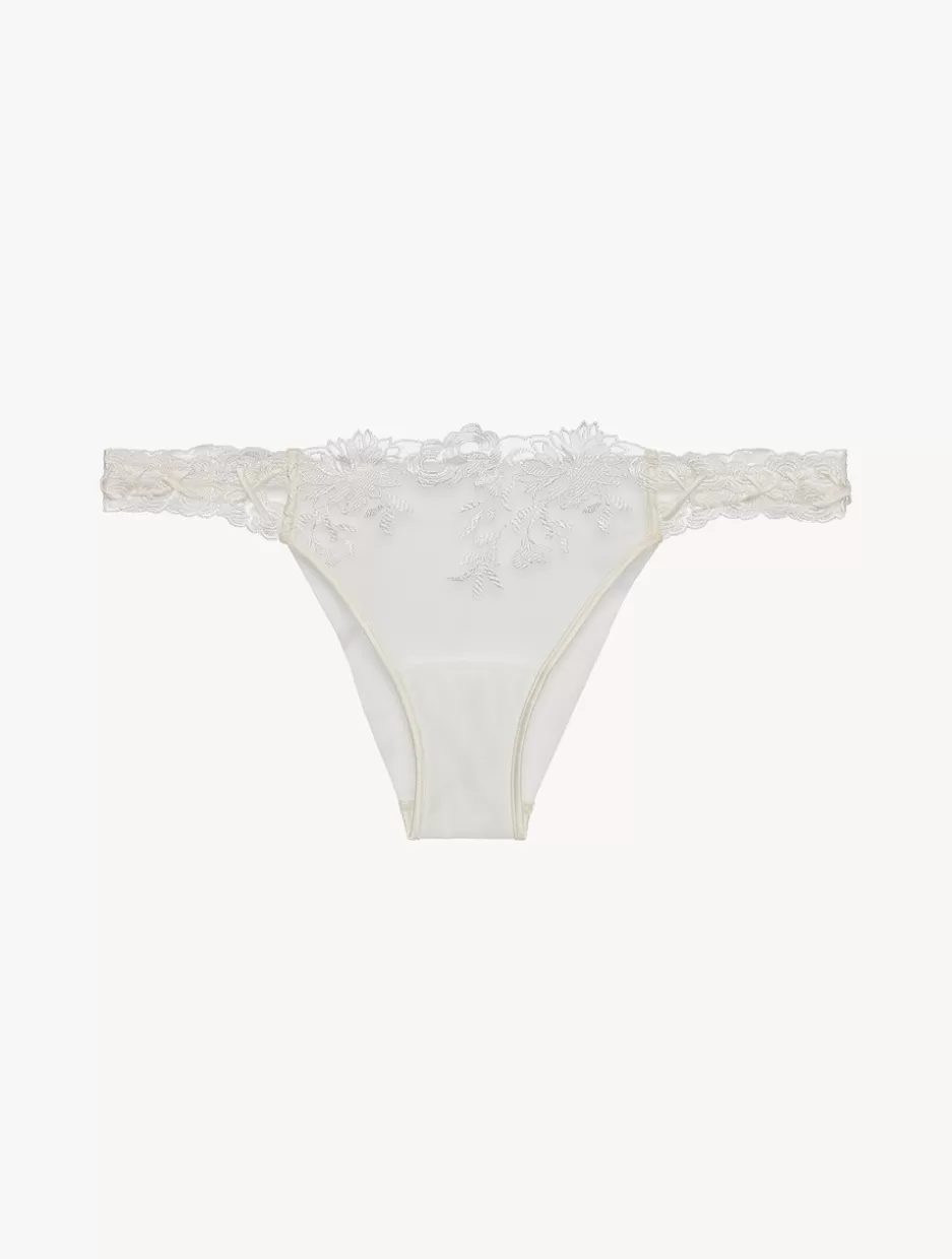 Brazilian-La Perla Brazilian Brief In Off- Lycra With Embroidered Tulle White