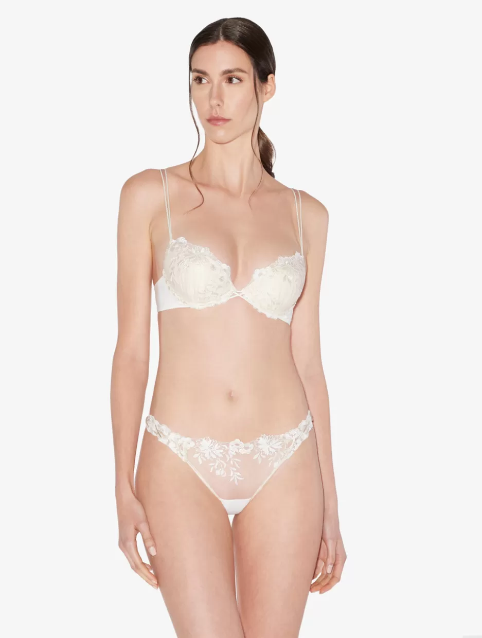 Brazilian-La Perla Brazilian Brief In Off- Lycra With Embroidered Tulle White