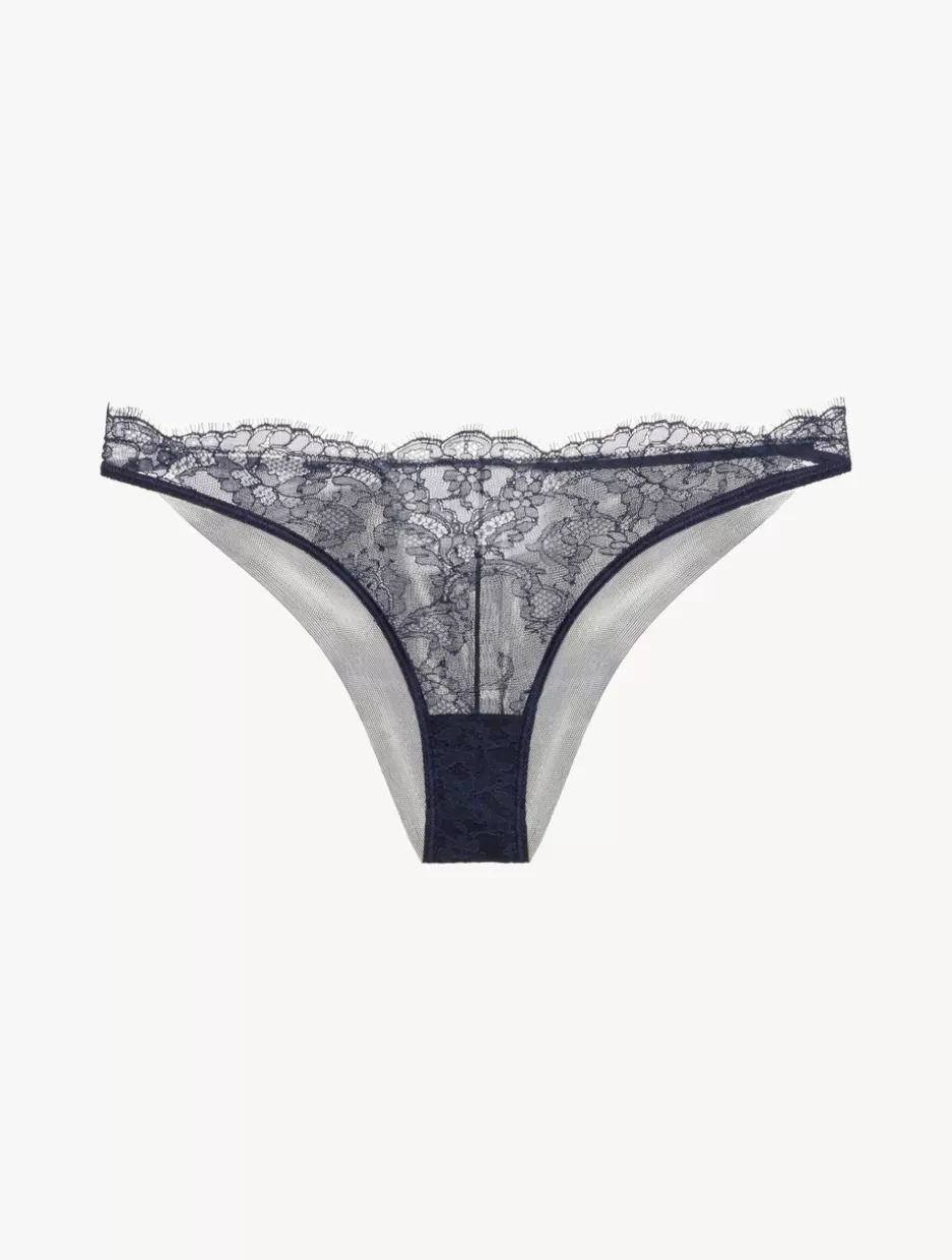 Brazilian-La Perla Brazilian Brief In Steel And Black With Leavers Lace Blue