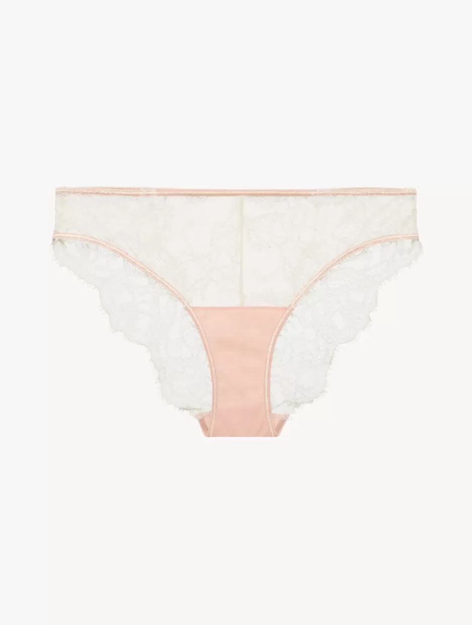 Brazilian-La Perla Brief In Linen And Nude Rose With Leavers Lace Beige