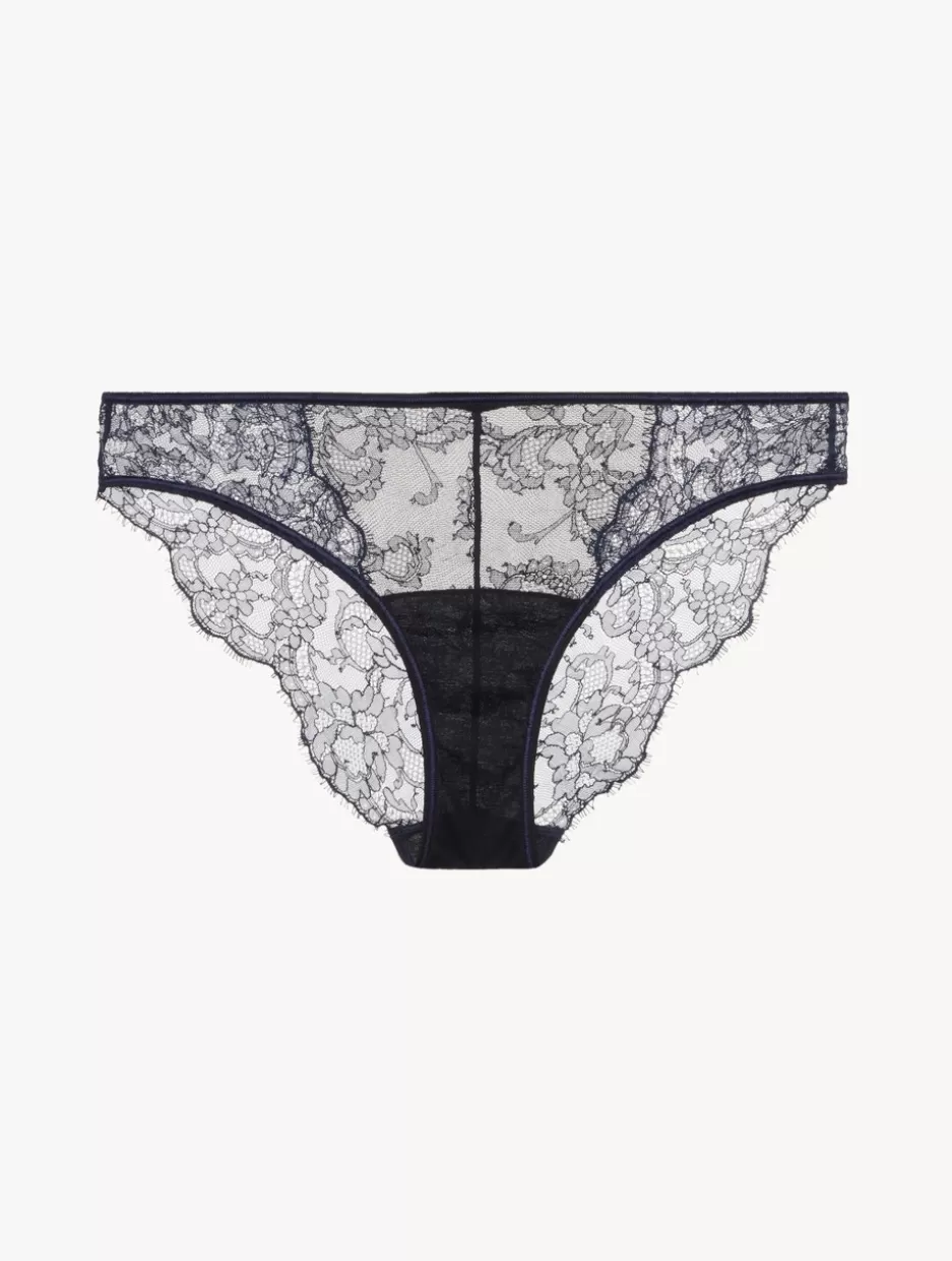 Brazilian-La Perla Brief In Steel And Black With Leavers Lace Blue