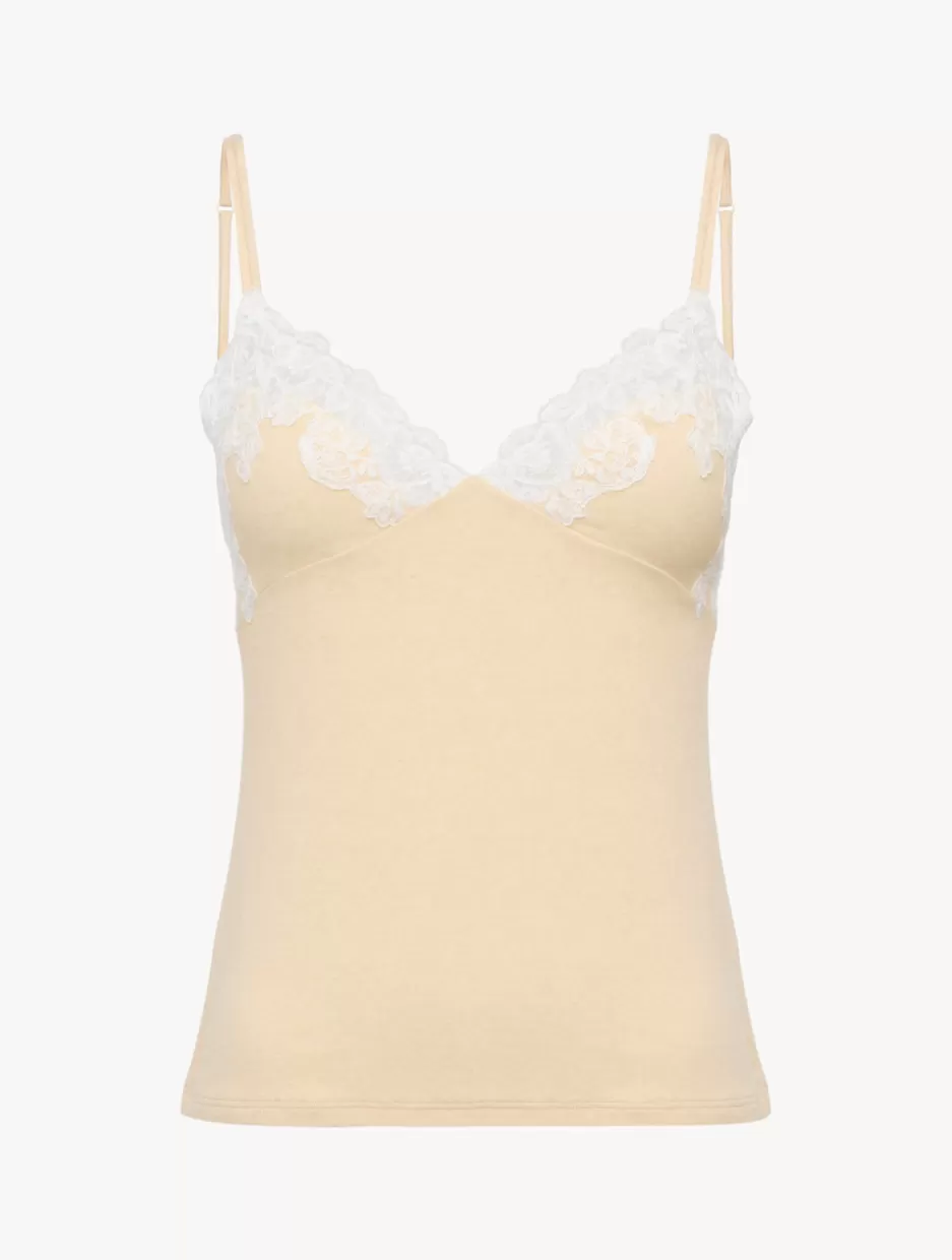 Camisoles | Pajamas-La Perla Cashmere Blend Ribbed Camisole In Halo With Frastaglio Yellow