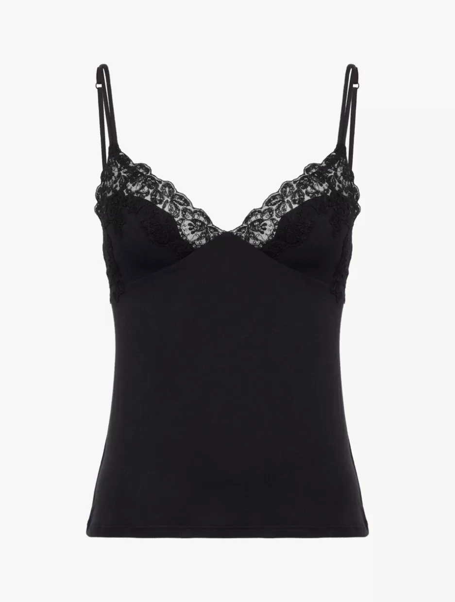 Camisoles | Pajamas-La Perla Cashmere Blend Ribbed Camisole In Onyx With Frastaglio Black