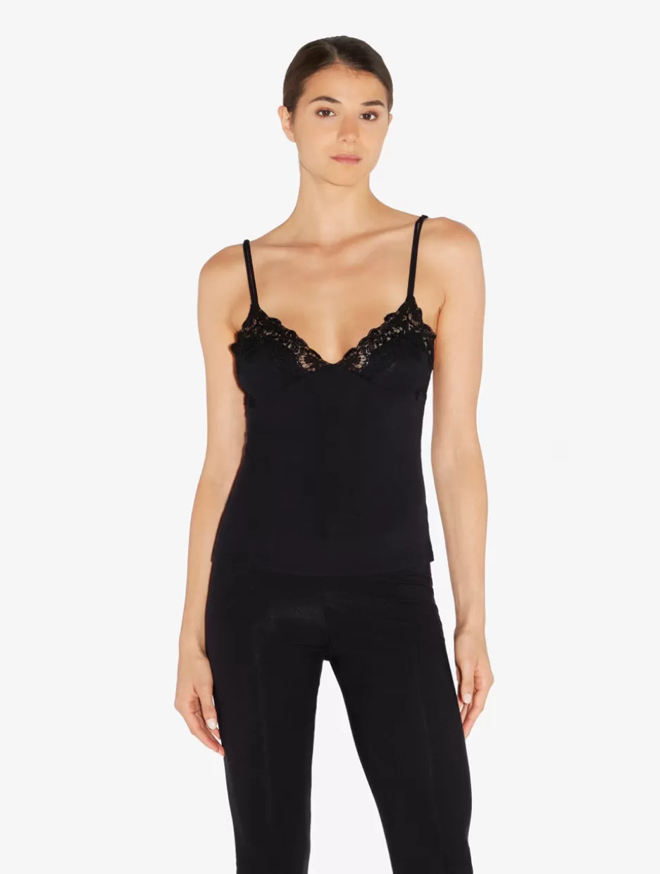Camisoles | Pajamas-La Perla Cashmere Blend Ribbed Camisole In Onyx With Frastaglio Black