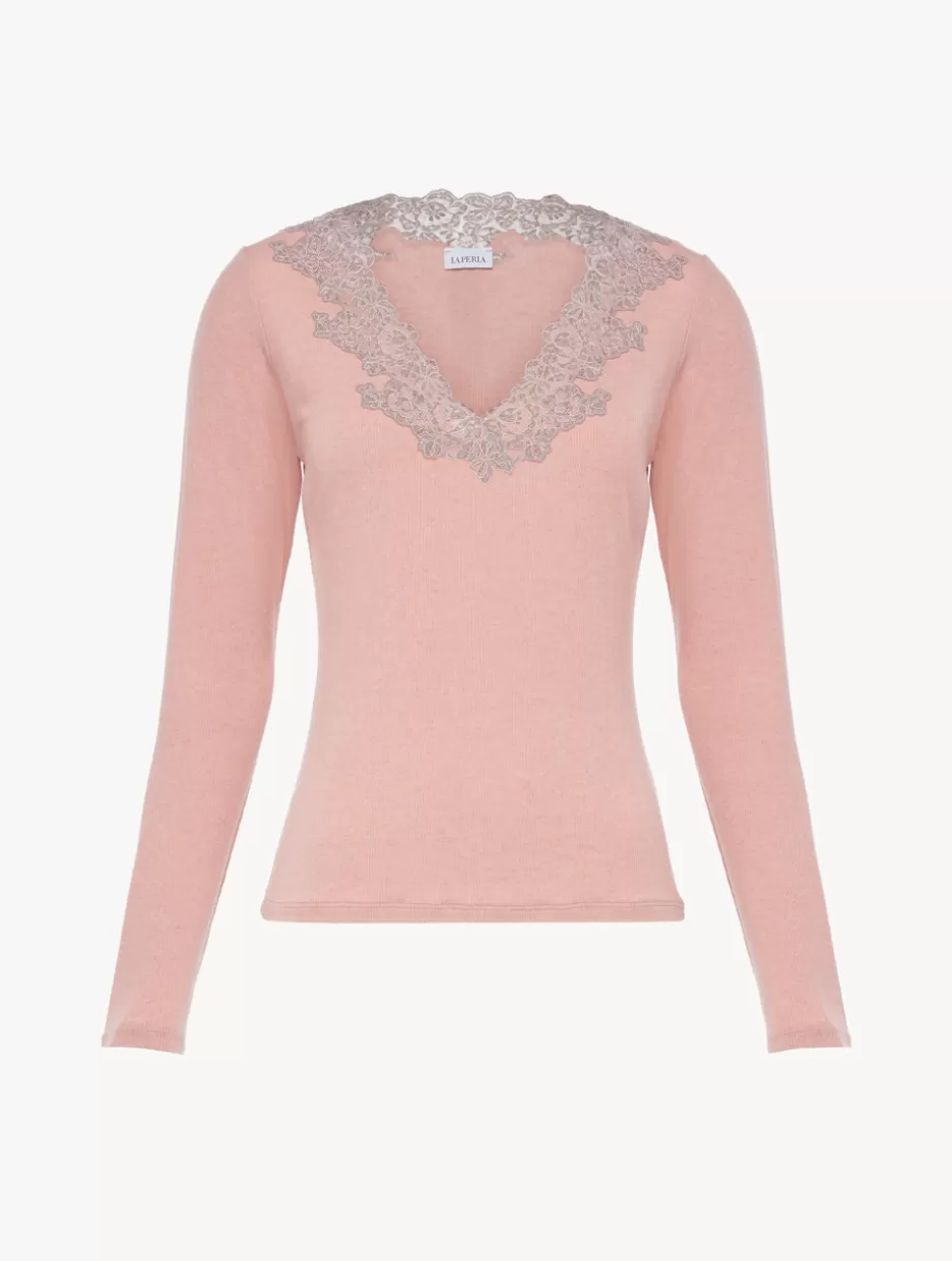 Pajamas | Loungewear-La Perla Cashmere Blend Ribbed Long-sleeved Top In Blush Clay With Frastaglio Pink