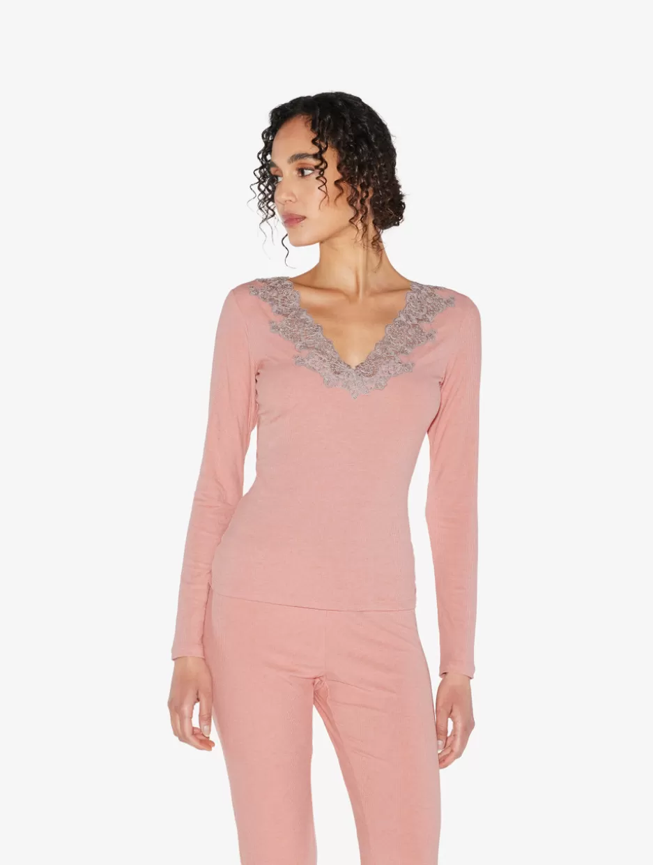 Pajamas | Loungewear-La Perla Cashmere Blend Ribbed Long-sleeved Top In Blush Clay With Frastaglio Pink