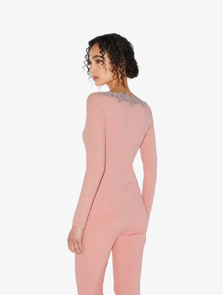 Pajamas | Loungewear-La Perla Cashmere Blend Ribbed Long-sleeved Top In Blush Clay With Frastaglio Pink
