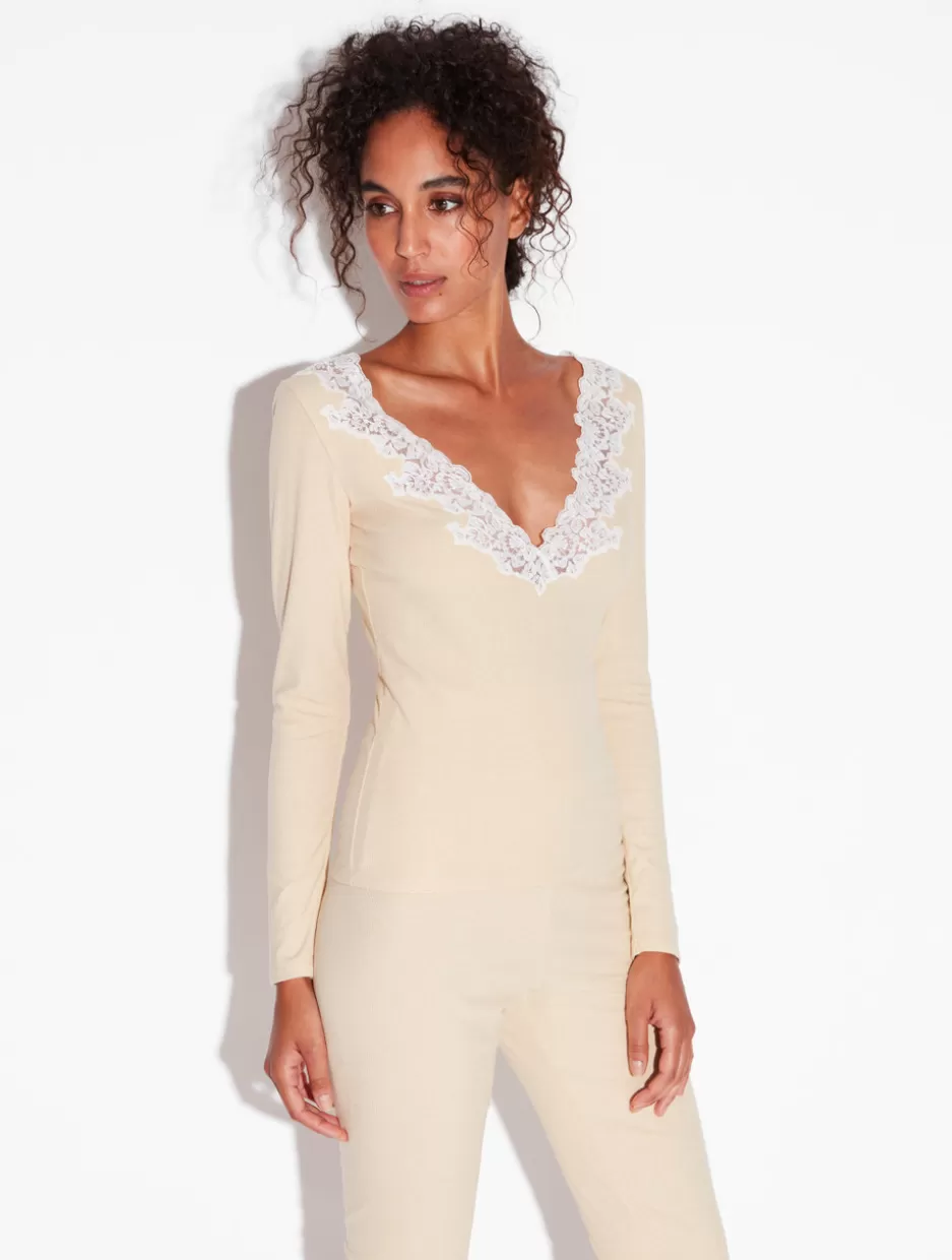 Camisoles | Pajamas-La Perla Cashmere Blend Ribbed Long-sleeved Top In Halo With Frastaglio Yellow