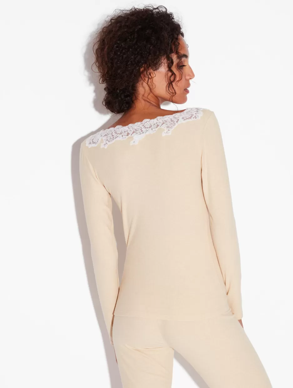 Camisoles | Pajamas-La Perla Cashmere Blend Ribbed Long-sleeved Top In Halo With Frastaglio Yellow