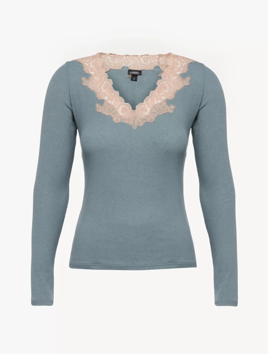 Camisoles | Pajamas-La Perla Cashmere Blend Ribbed Long-sleeved Top In Sleepy Dream With Frastaglio Blue