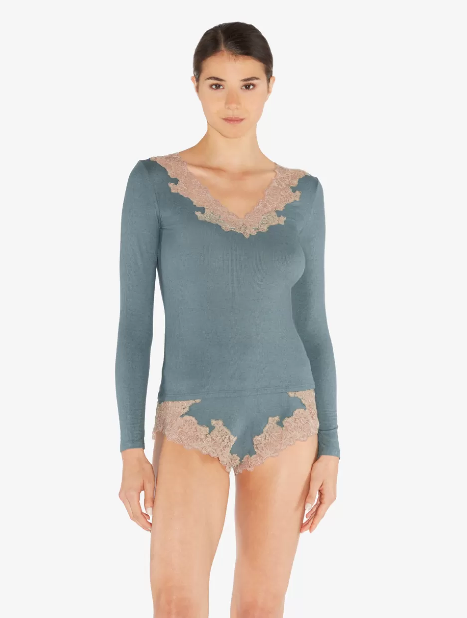 Camisoles | Pajamas-La Perla Cashmere Blend Ribbed Long-sleeved Top In Sleepy Dream With Frastaglio Blue