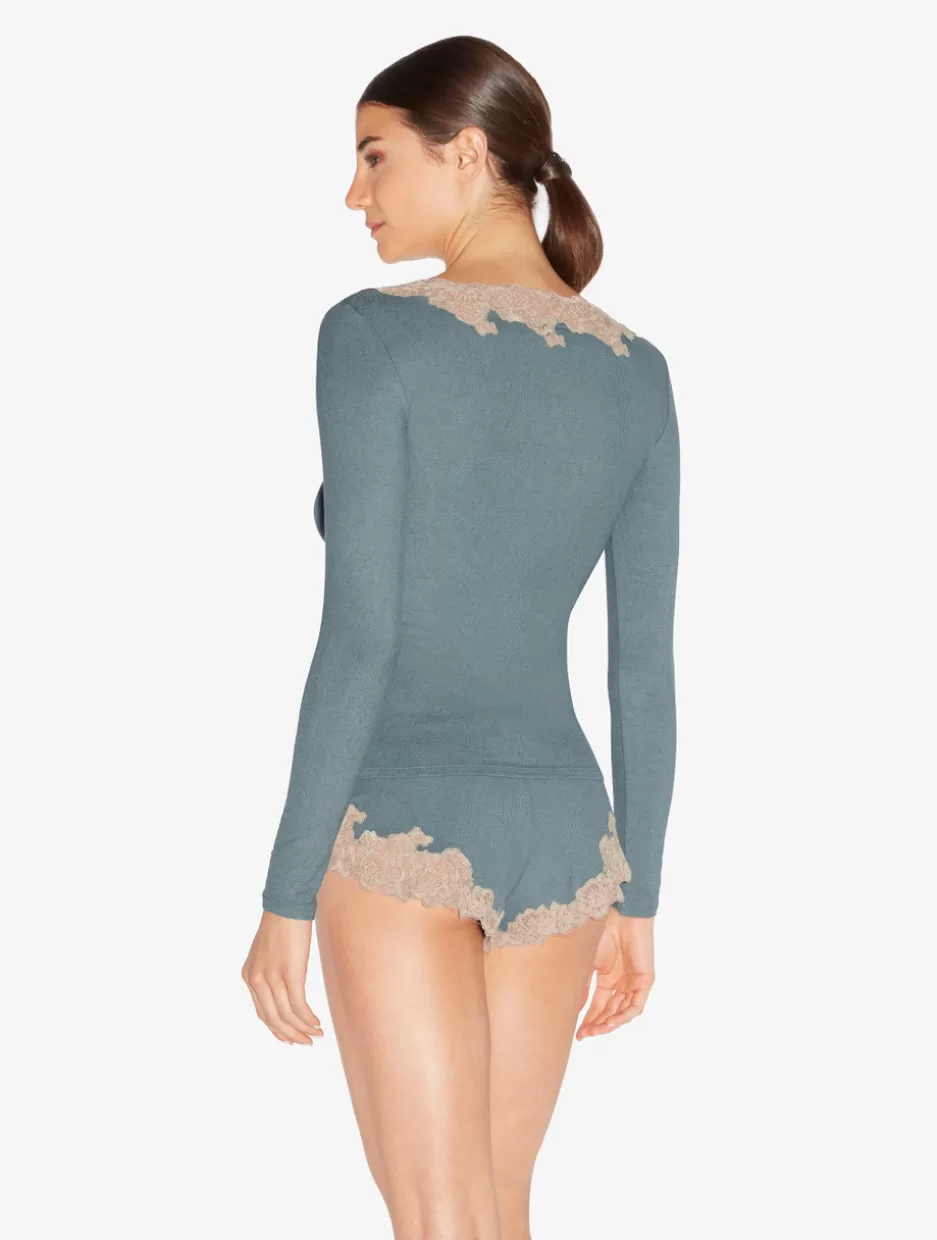Camisoles | Pajamas-La Perla Cashmere Blend Ribbed Long-sleeved Top In Sleepy Dream With Frastaglio Blue