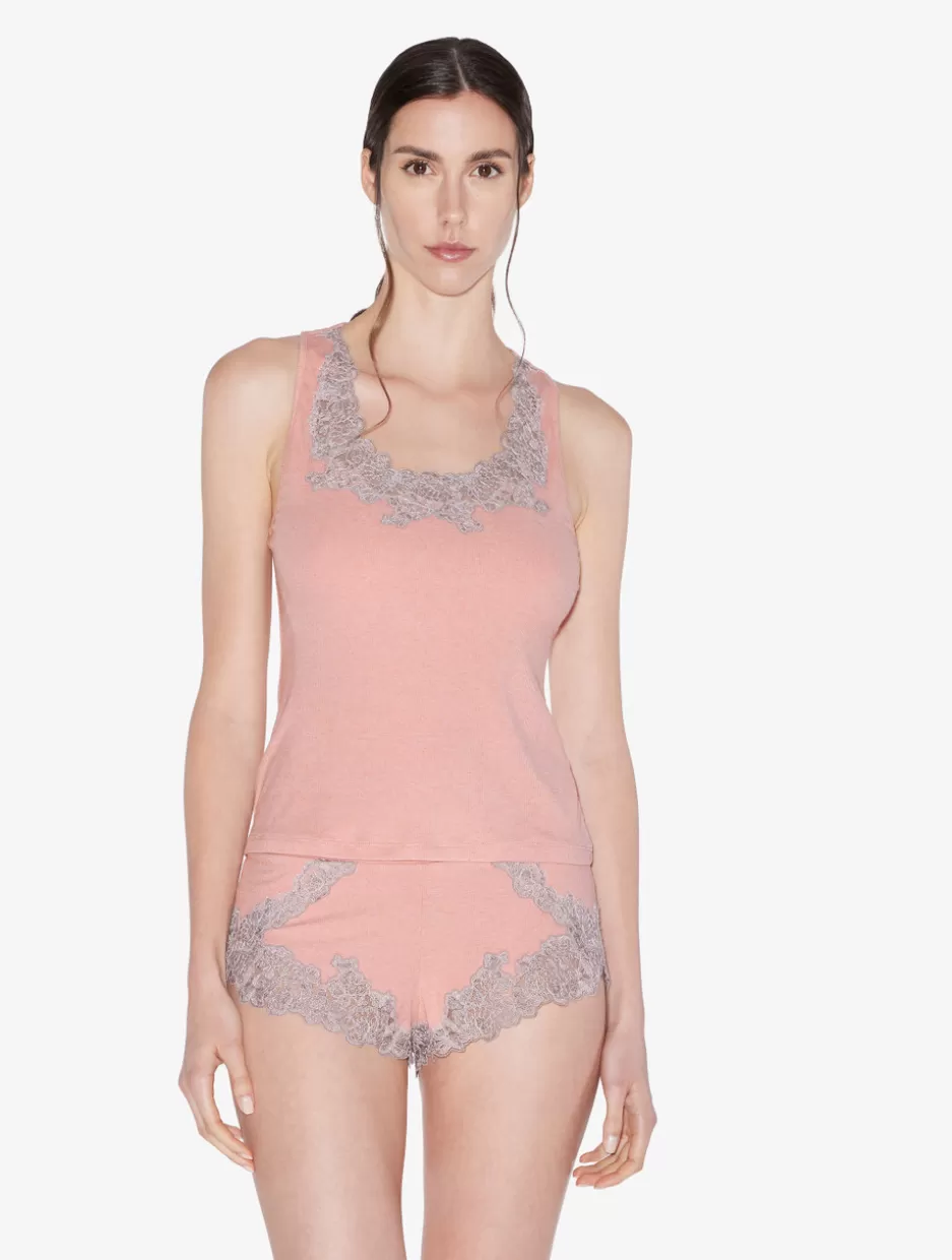 Camisoles | Pajamas-La Perla Cashmere Blend Ribbed Tank Top In Blush Clay With Frastaglio Pink