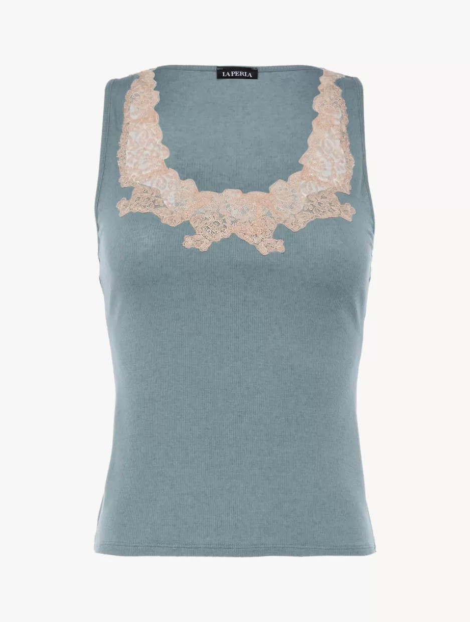 Camisoles | Pajamas-La Perla Cashmere Blend Ribbed Tank Top In Sleepy Dream With Frastaglio Blue