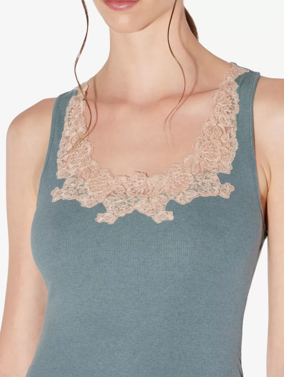 Camisoles | Pajamas-La Perla Cashmere Blend Ribbed Tank Top In Sleepy Dream With Frastaglio Blue