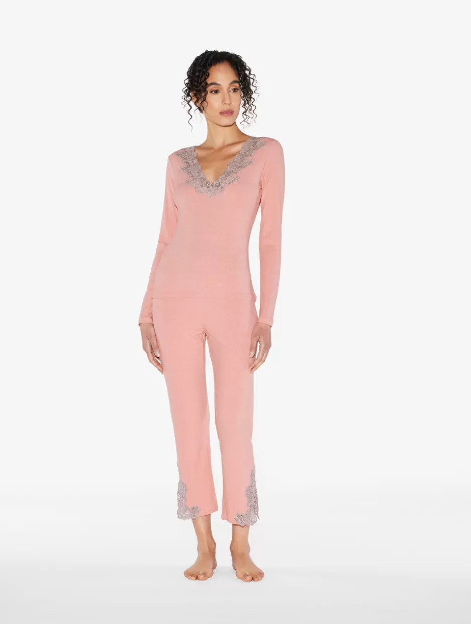 Pajamas | Loungewear-La Perla Cashmere Blend Ribbed Trousers In Blush Clay With Frastaglio Pink