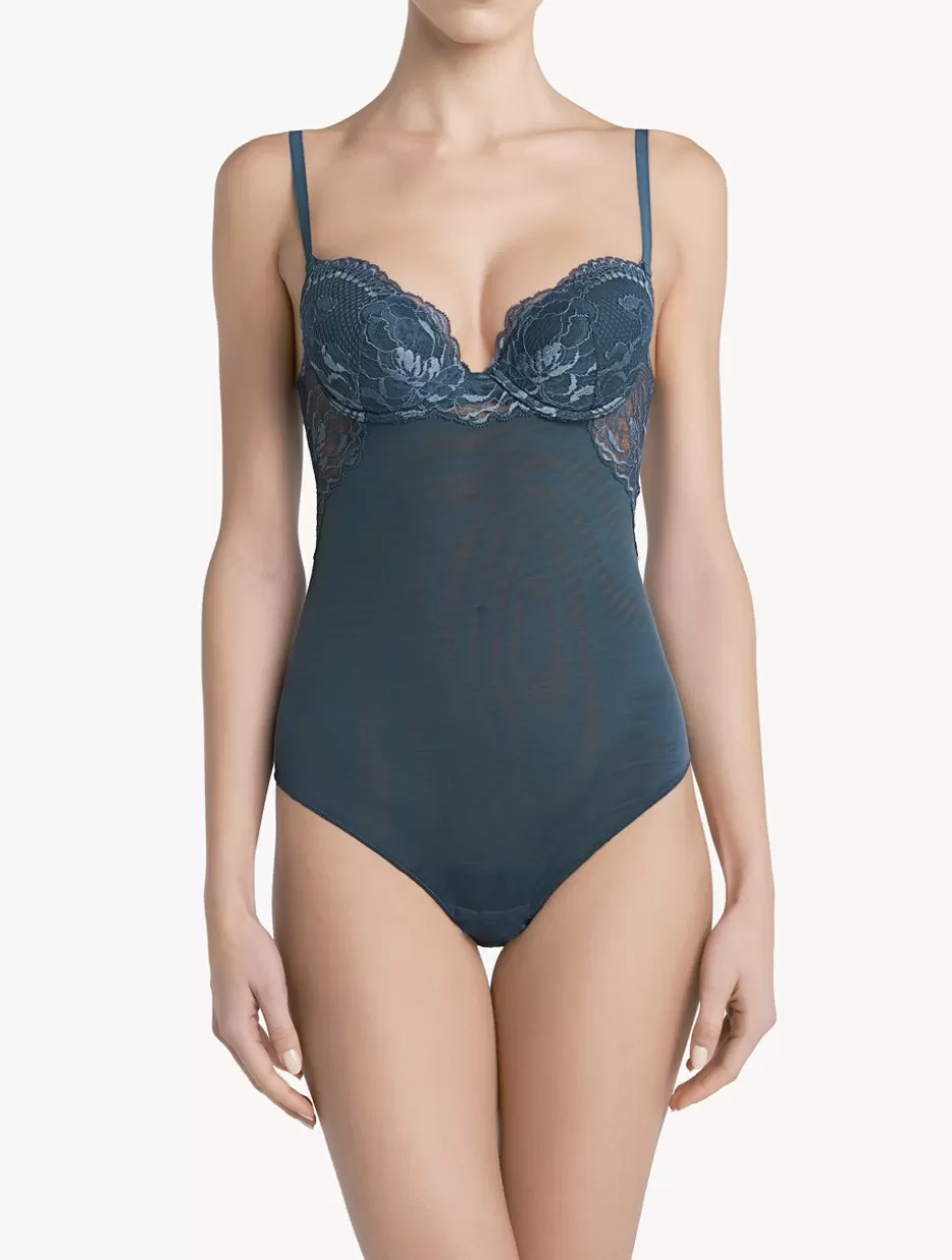 Bodysuits & Bustiers-La Perla Dark Lace Bodysuit Blue